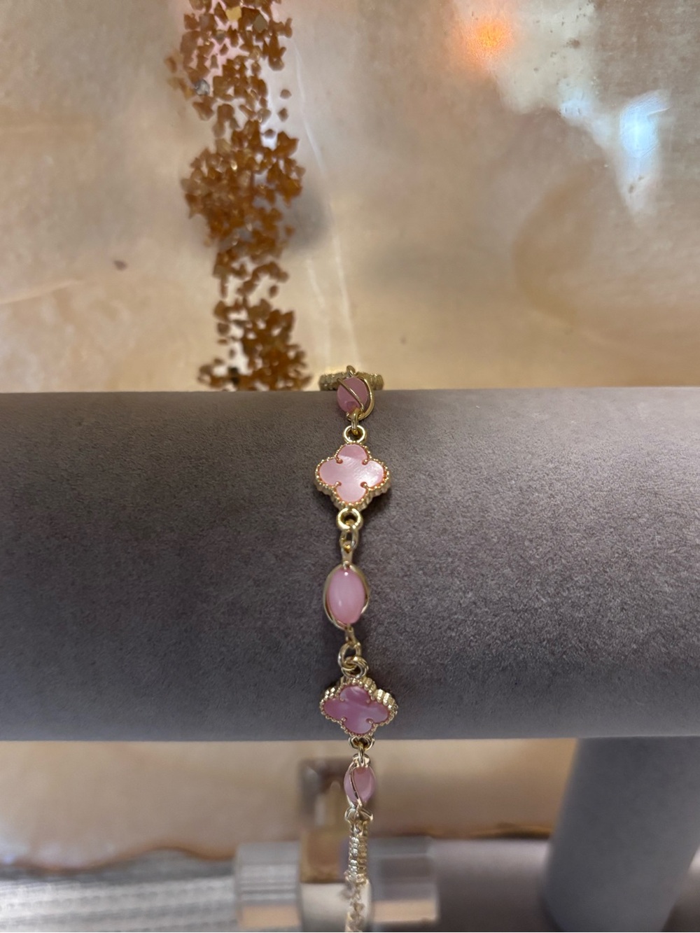 Delicate Pink Clover Link Bracelet in Gold